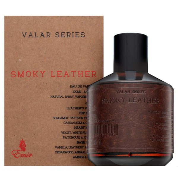 Smoky Leather perfume bottle with packaging on a white background