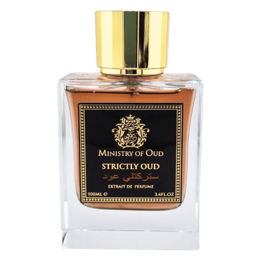 Perfume bottle labeled 'Ministry of Oud Strictly Oud' on a white background
