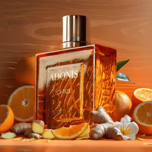 Rayhaan Adonis Icarus Perfume bottle labeled 'Adonis' surrounded by oranges and flowers on a wooden surface