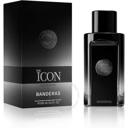Black perfume bottle and packaging labeled 'The Icon' by Banderas on a white background
