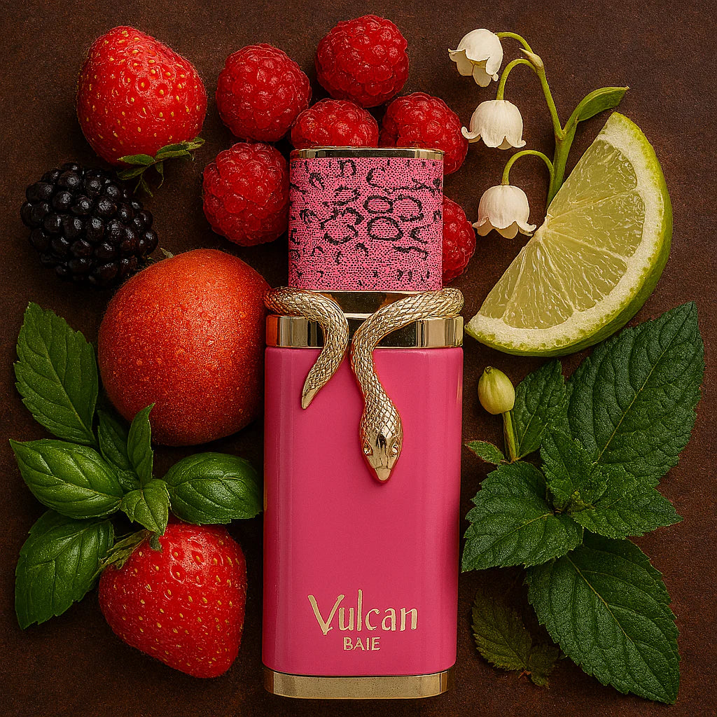Pink perfume bottle with snake design surrounded by fruits and leaves on a brown background
