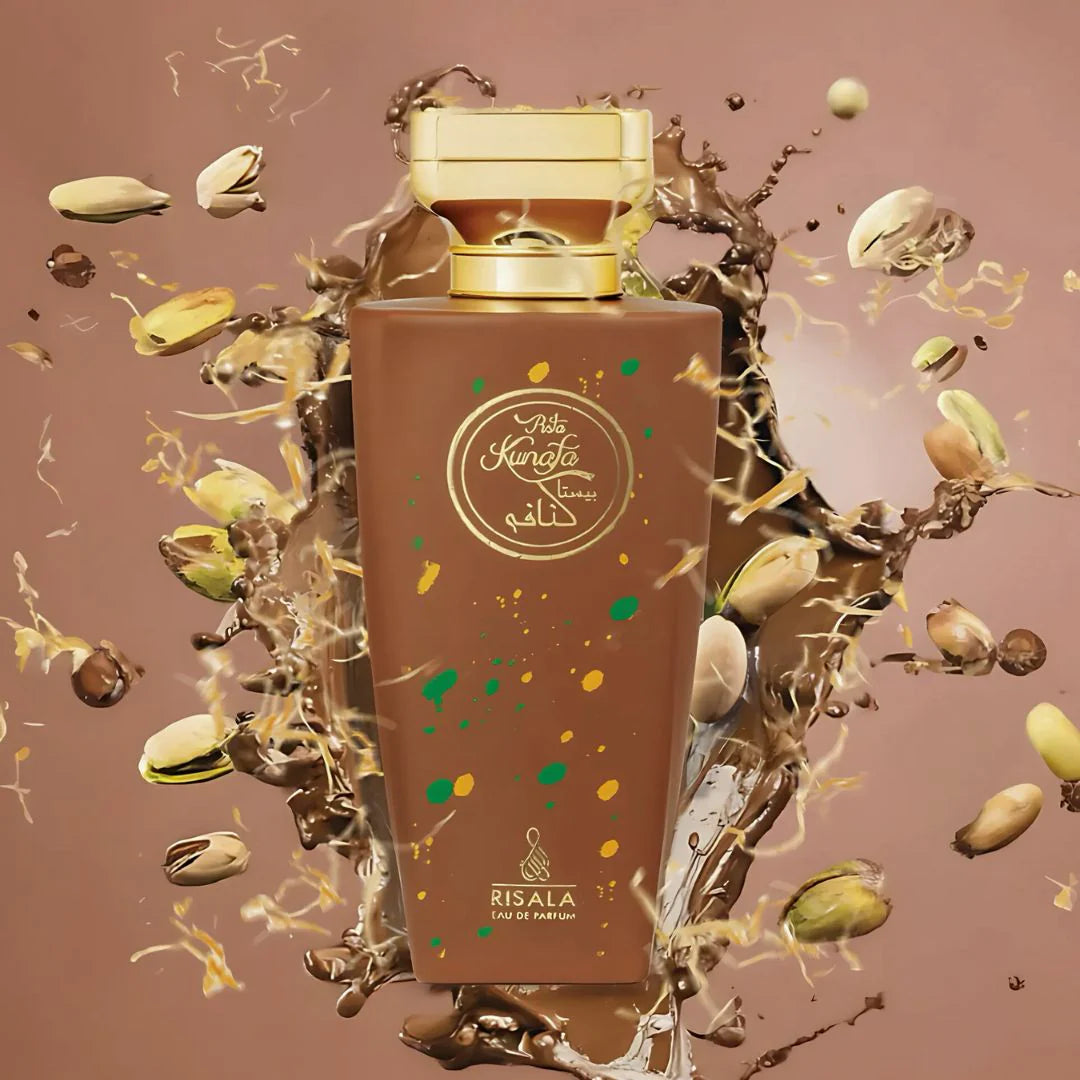 Perfume bottle with pistachios on a brown background