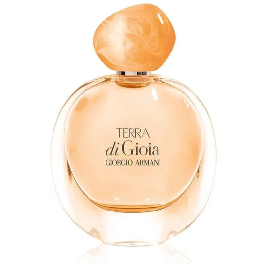 Perfume bottle labeled 'Terra di Gioia' by Giorgio Armani on a white background