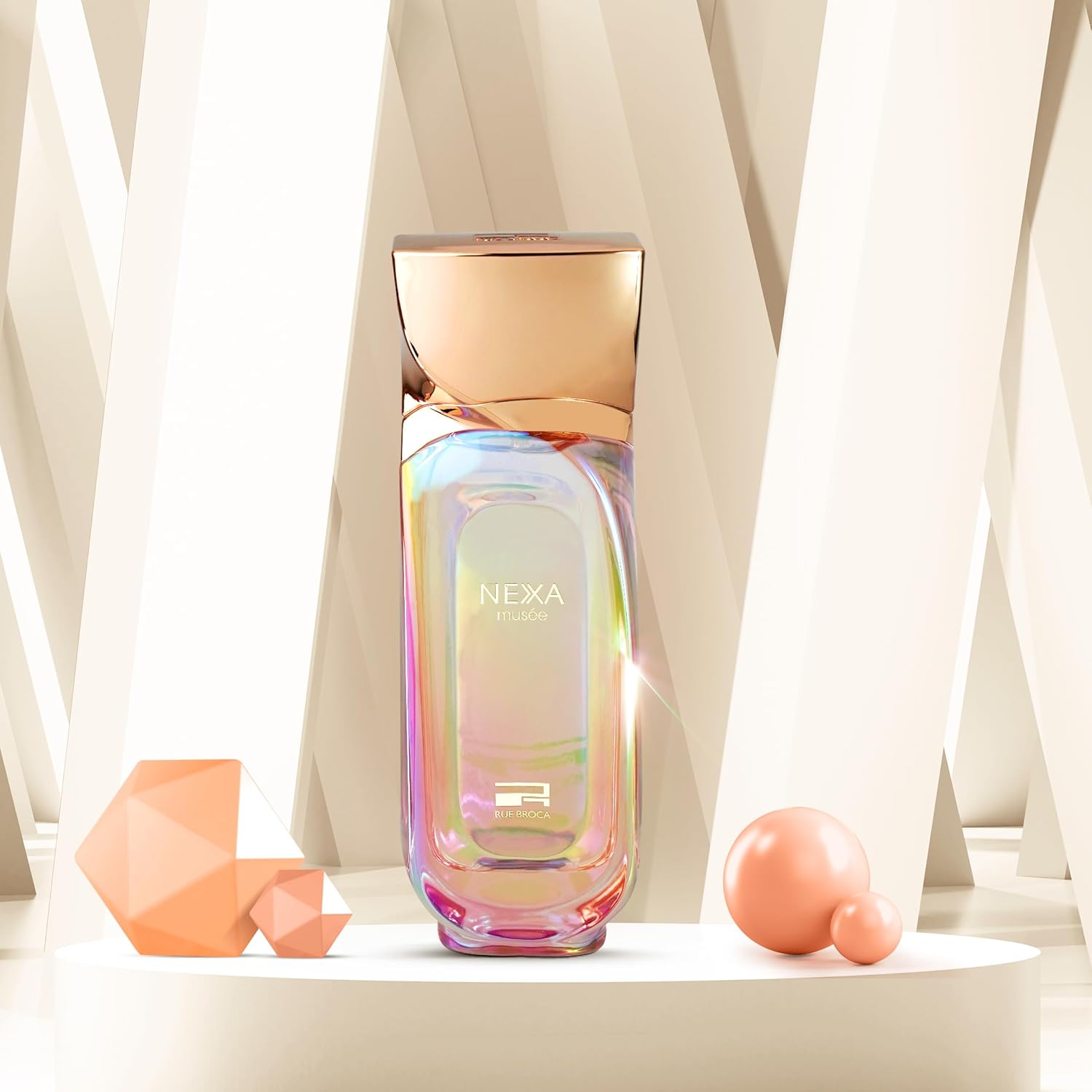 Rue Broca Nexa Musee perfume bottle with a colorful design on a neutral background