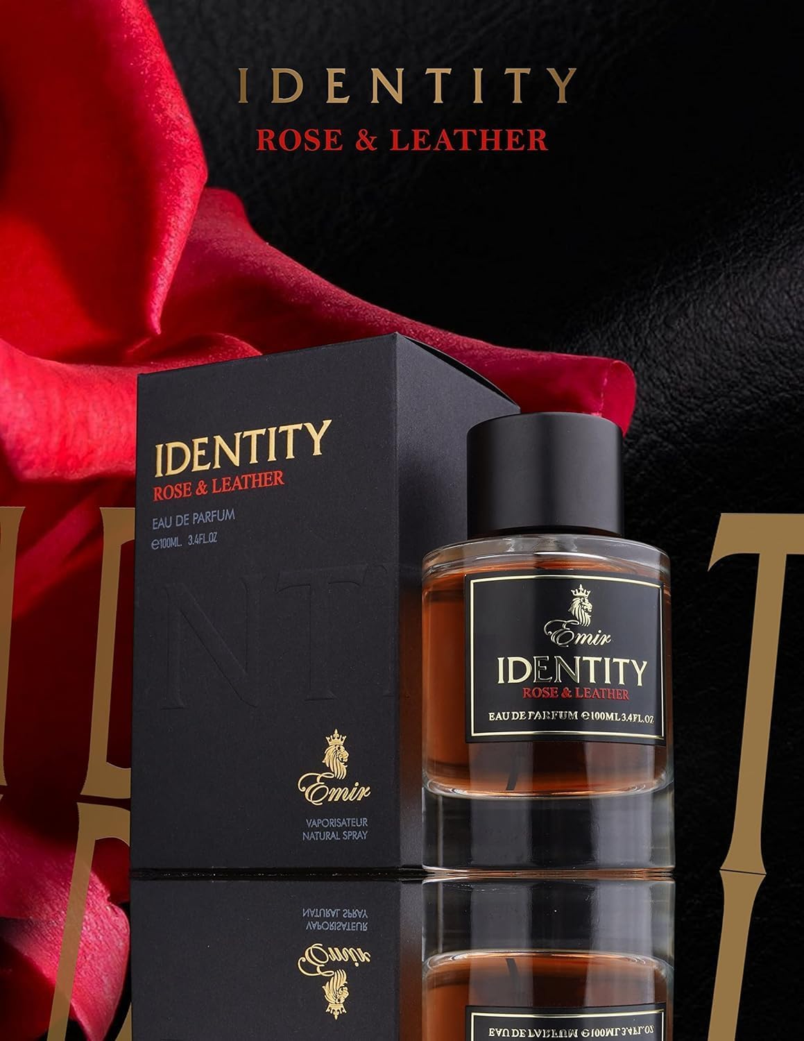 Emir's Identity Rose & Leather perfume bottle and packaging with a red rose in the background.