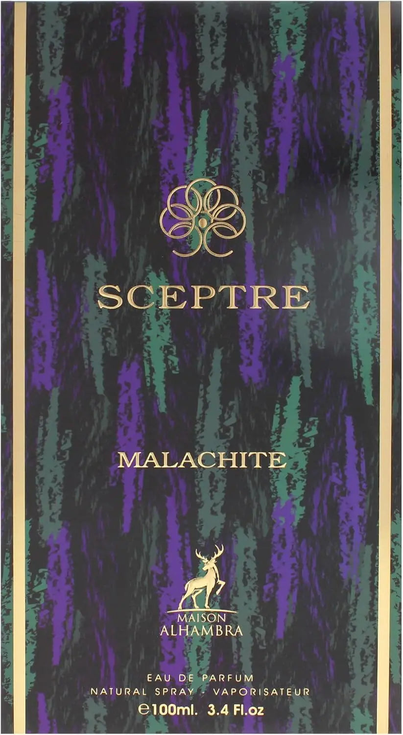 Sceptre Malachite perfume bottle packaging with abstract purple and green design.