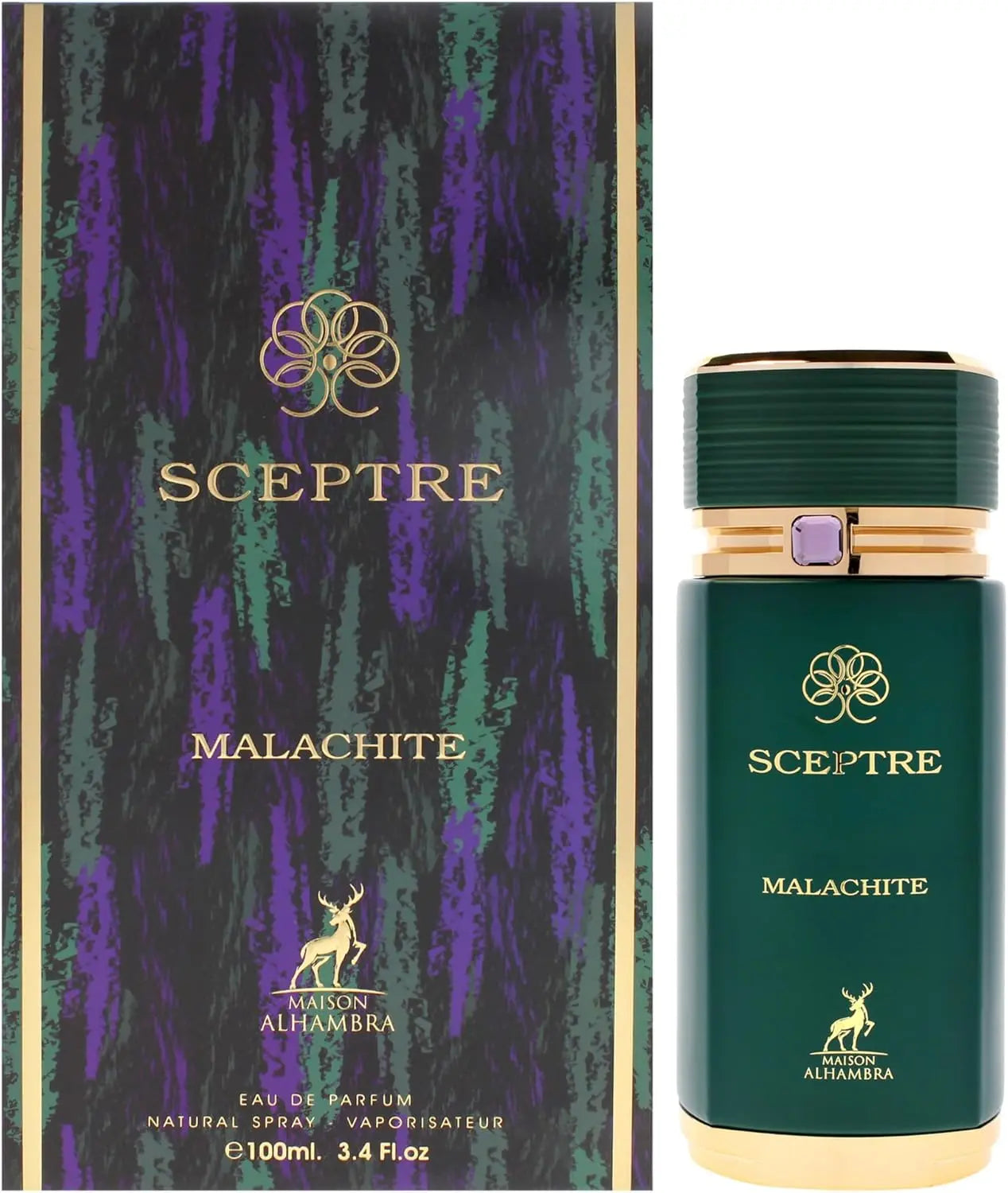 Sceptre Malachite perfume bottle and packaging with gold accents on a white background