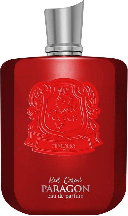 Red Paragon Eau de Parfum bottle with silver cap on a white background