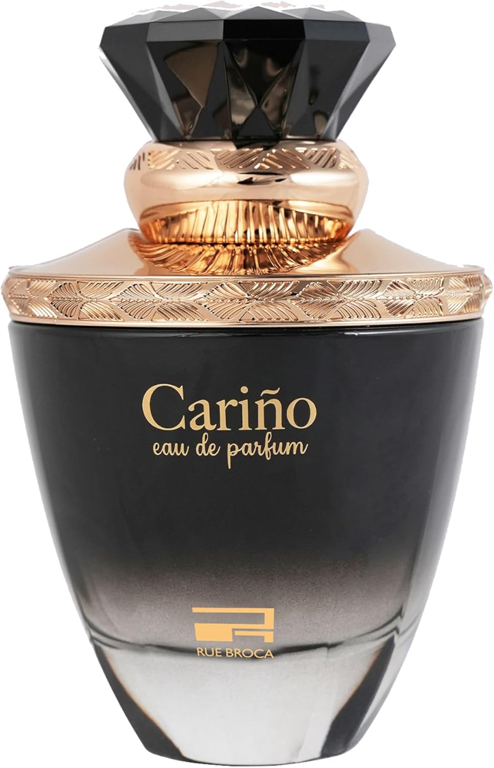 Cariño eau de parfum bottle with gold accents on a white background