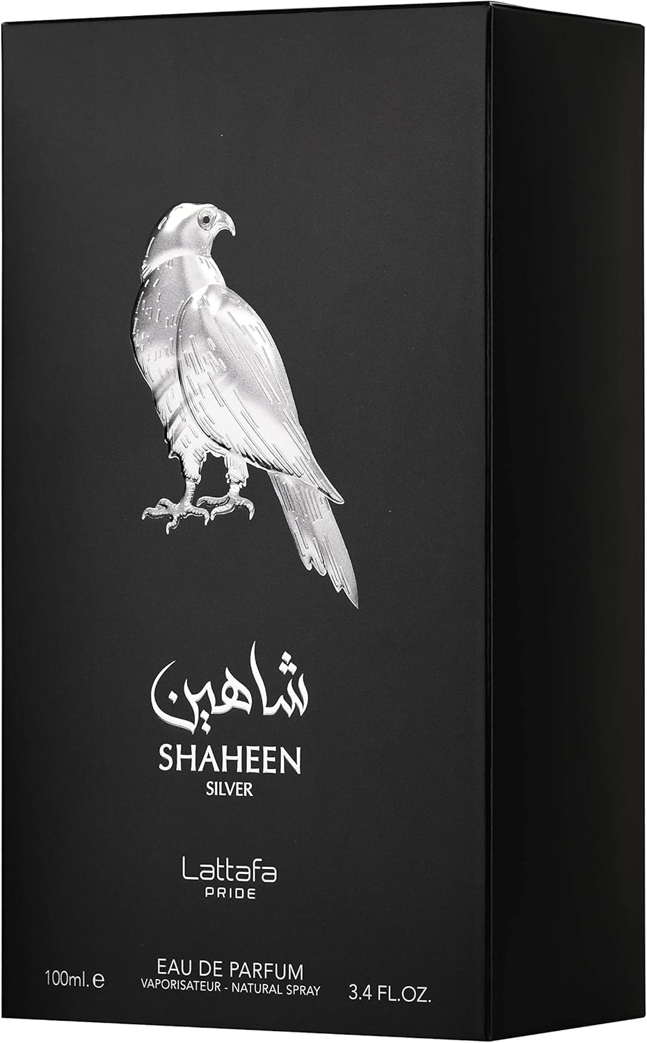 Lattafa Shaheen Silver Black perfume box with a silver parrot illustration and 'Shaheen Silver' branding.