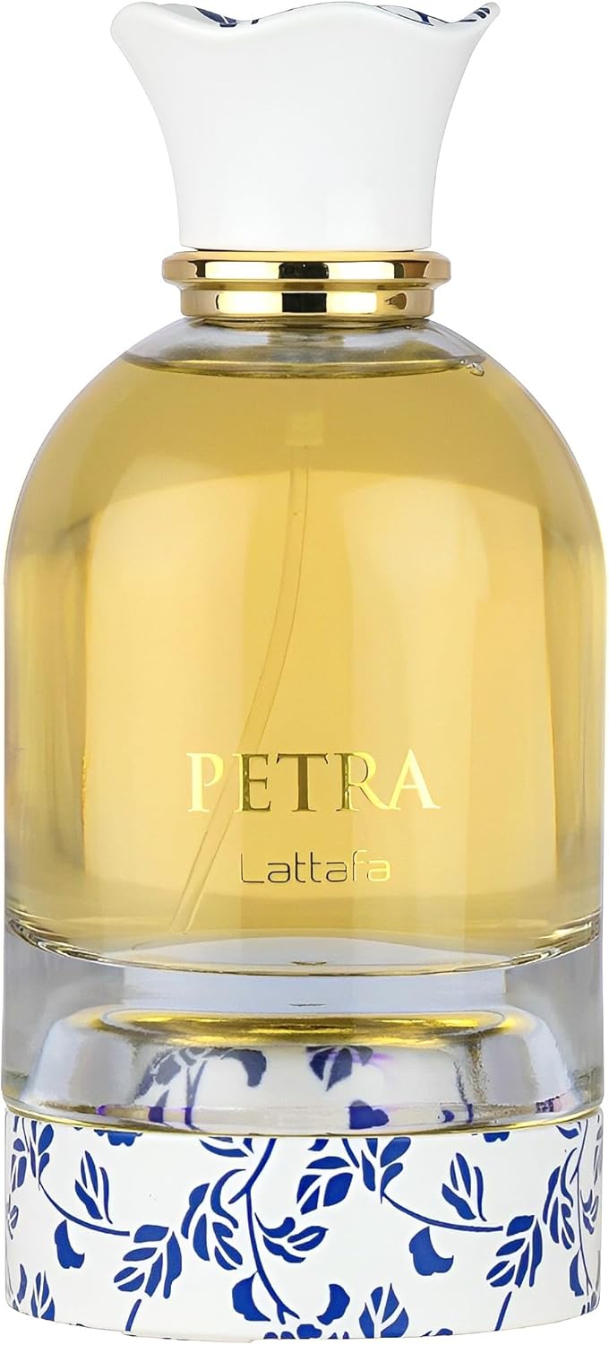 Perfume bottle labeled 'Petra' by Lattafa with floral design on base