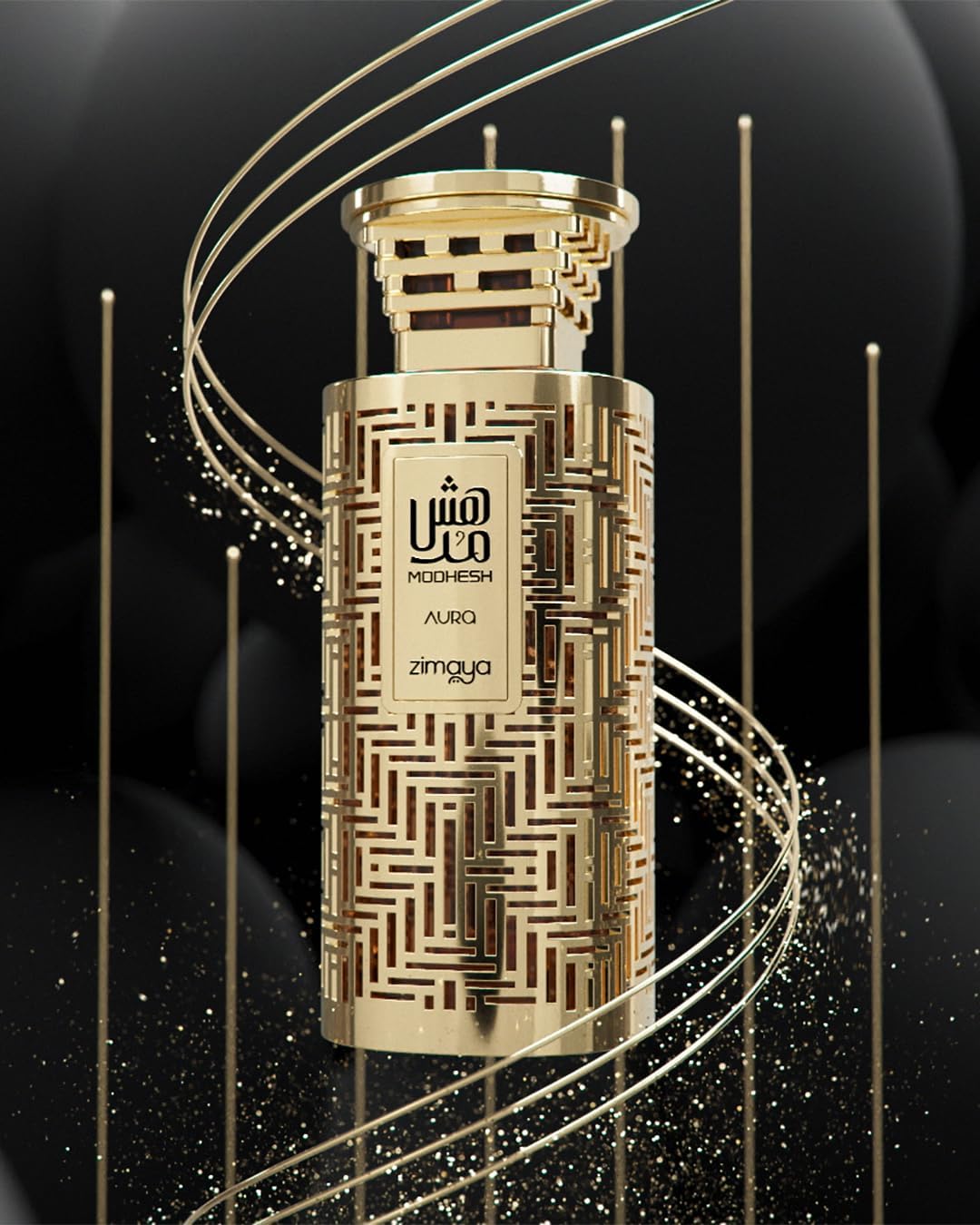 Modhesh Aura Zimaya Gold perfume bottle with intricate design on a black background