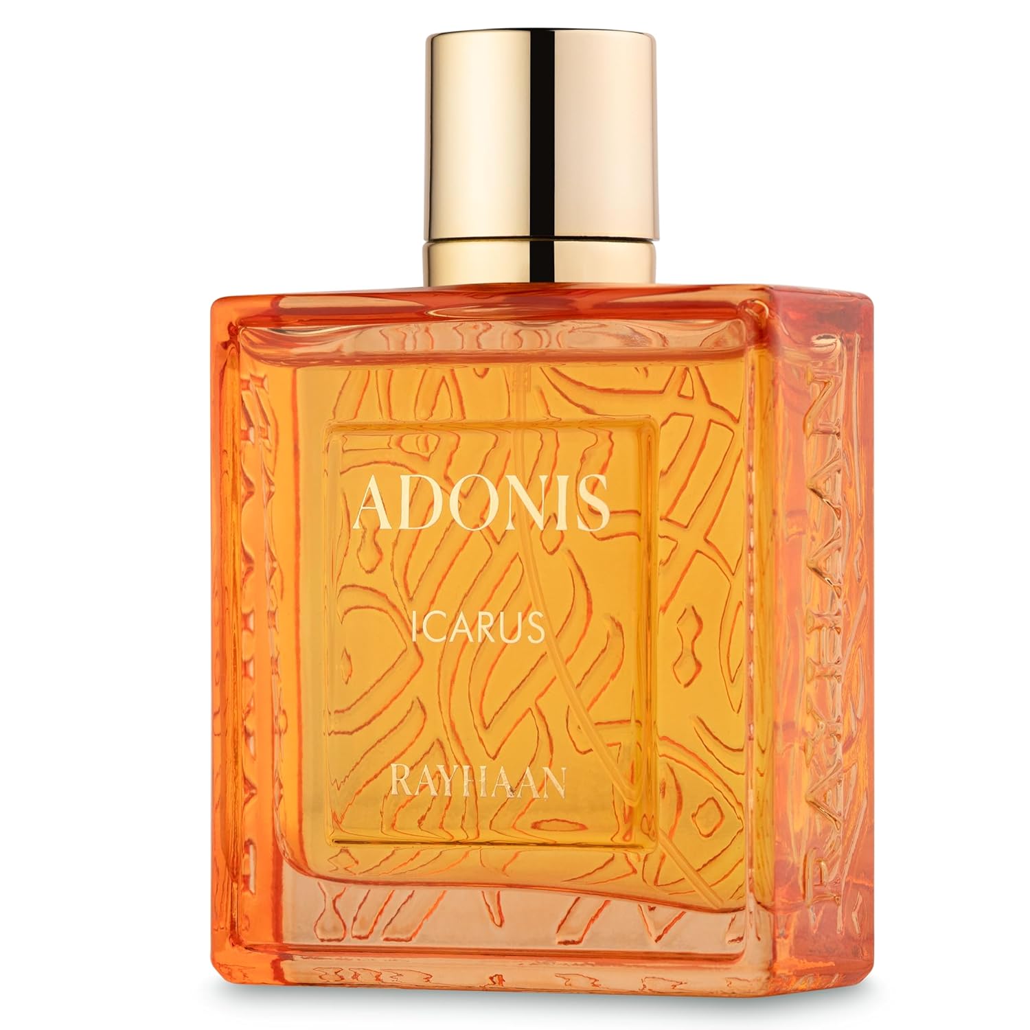 Rayhaan Adonis Icarus Orange perfume bottle with gold cap labeled 'Adonis Icarus' by Rayhaan on a white background