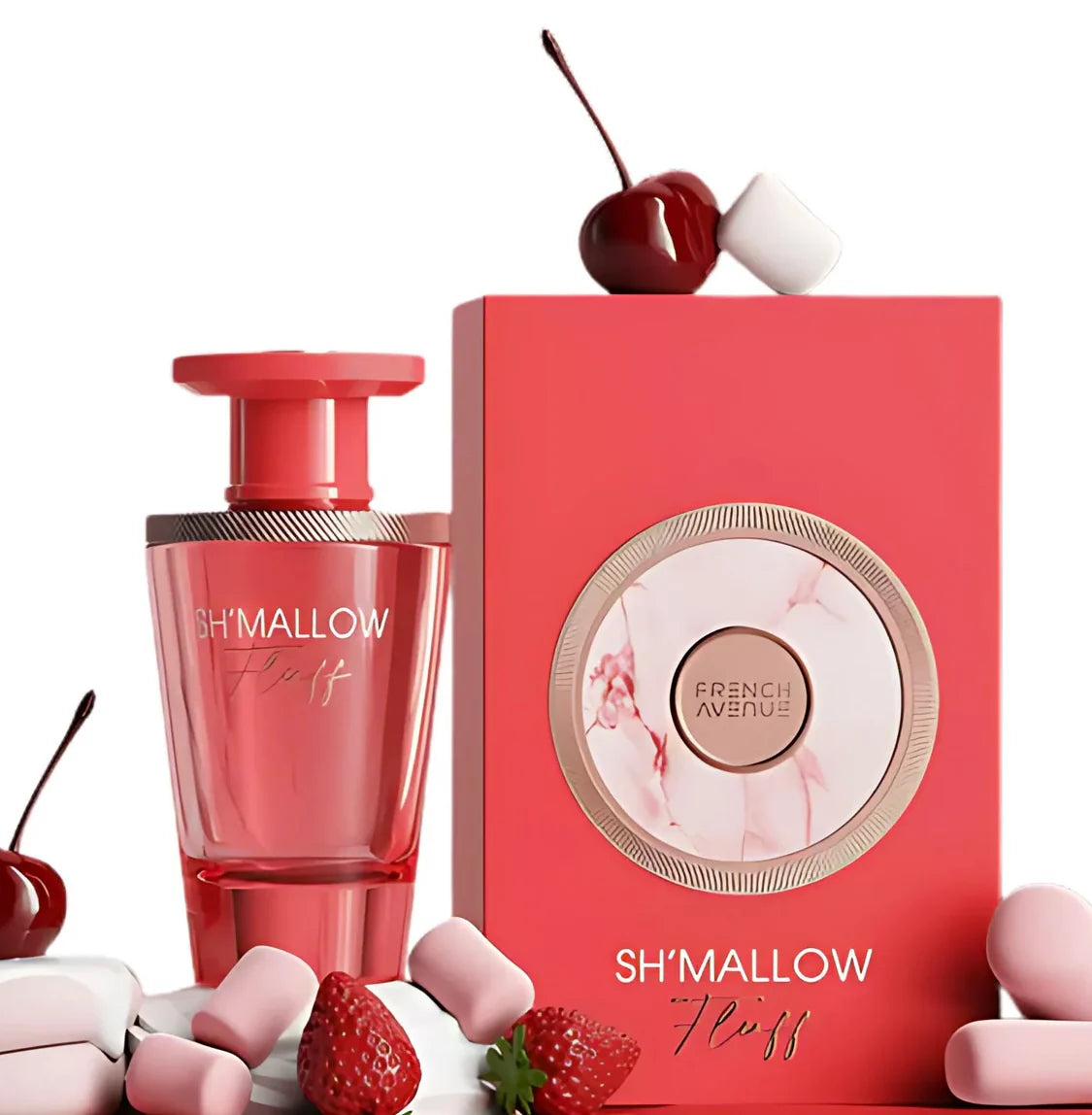 Sh'mallow Fluff perfume bottle and packaging with cherries and strawberries on a white background