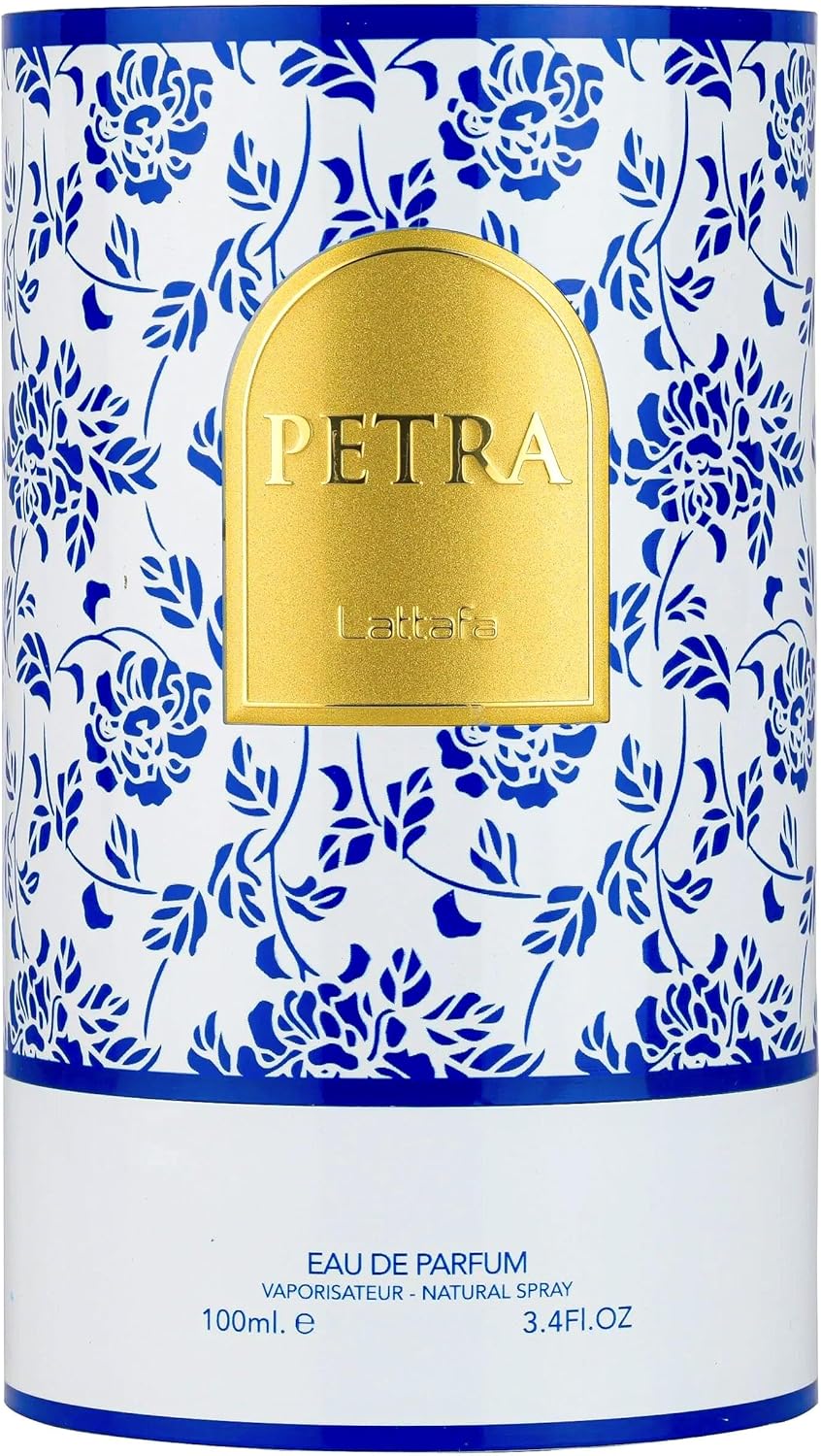 Petra perfume bottle with blue floral design and gold label