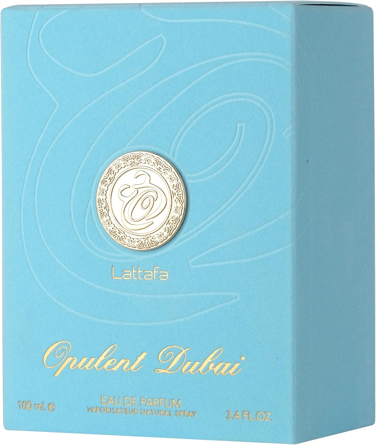 Lattafa Opulent Dubai Blue Lattafa Opulent Dubai perfume box with gold emblem and text.