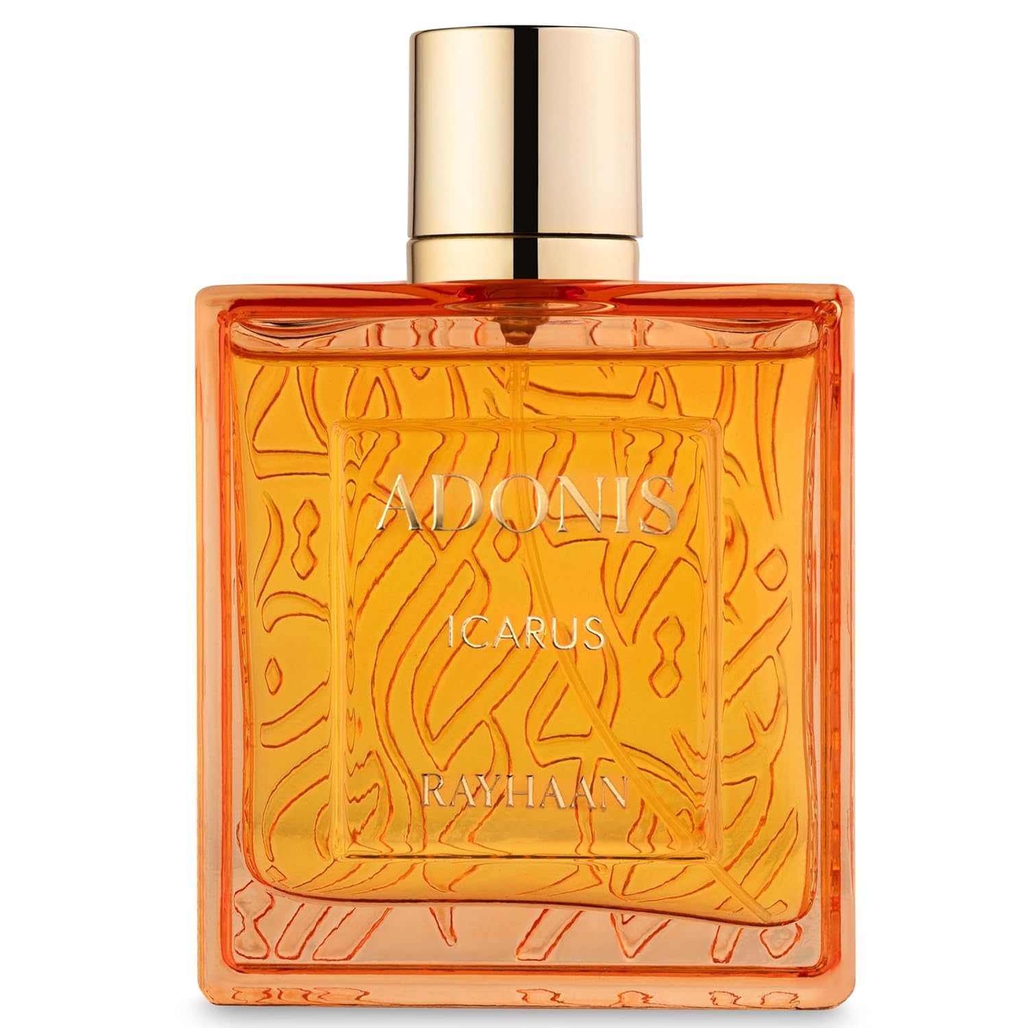 Rayhaan Adonis Icarus Orange perfume bottle with gold cap on a white background