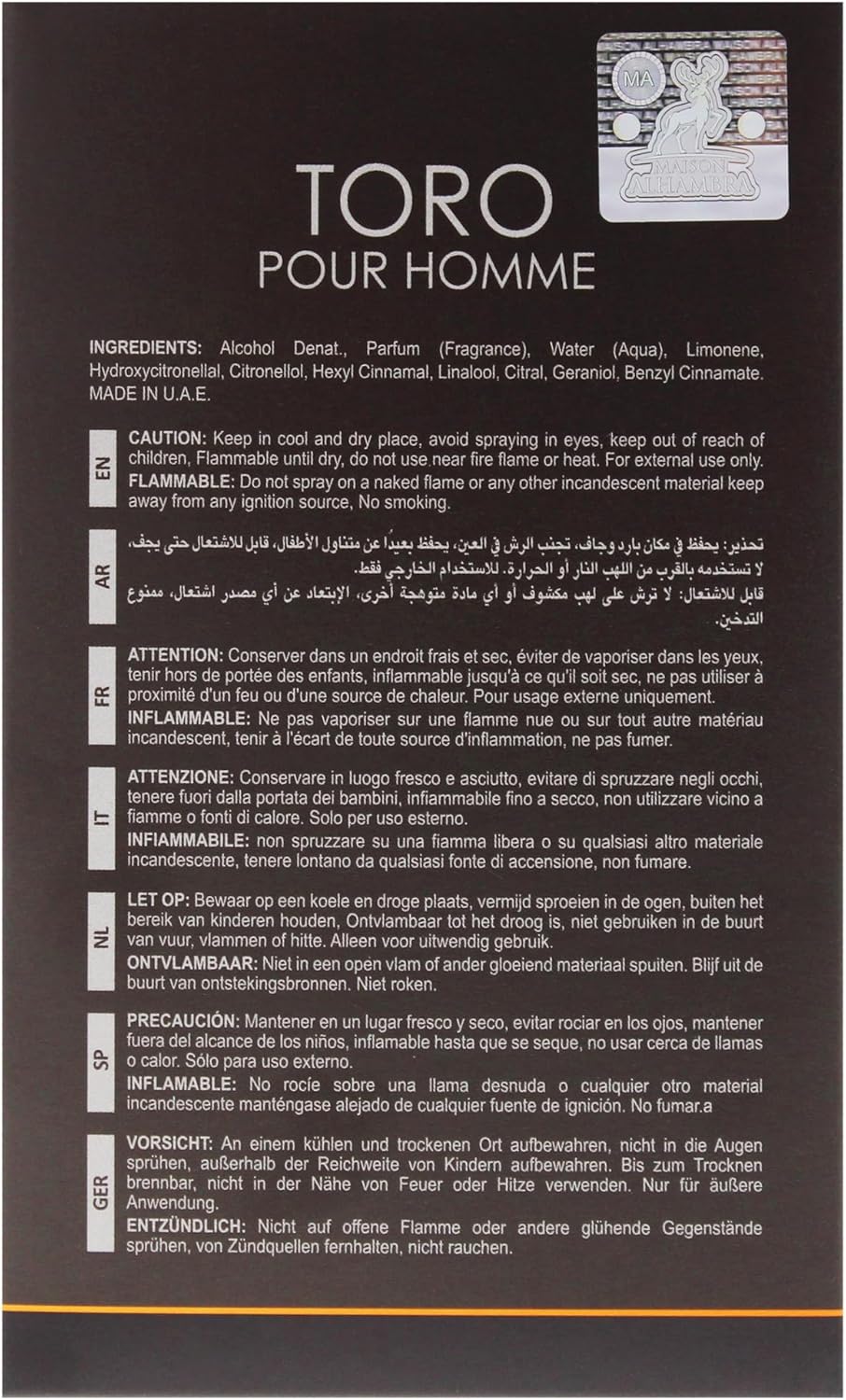 Back label of Toro Pour Homme with text and branding