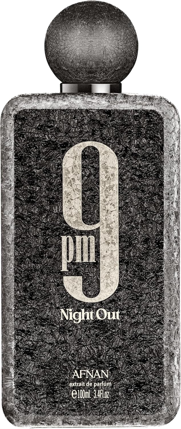 Perfume bottle labeled '9pm Night Out' by Afnan on a black background