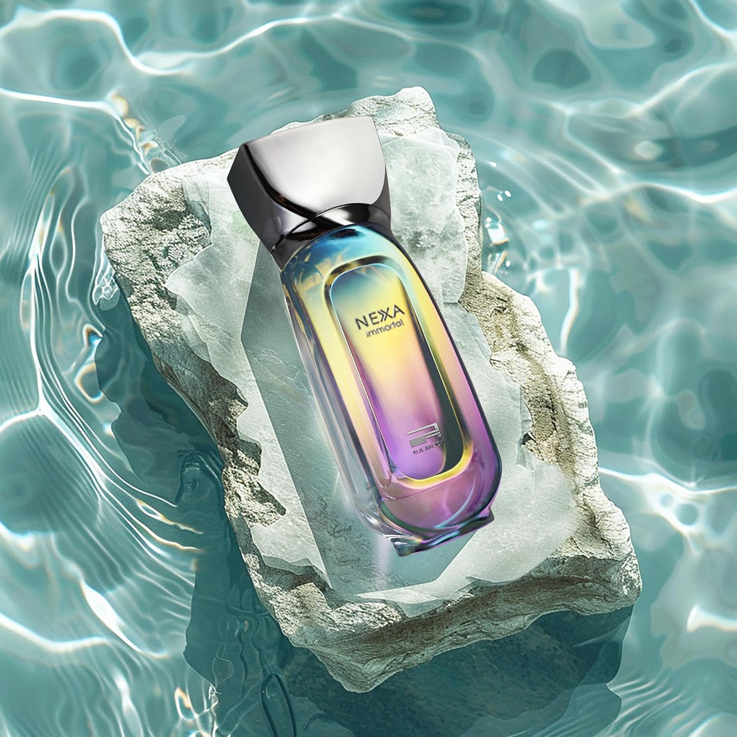 Rue Broca Nexa Immortal bottle on a rock with water background