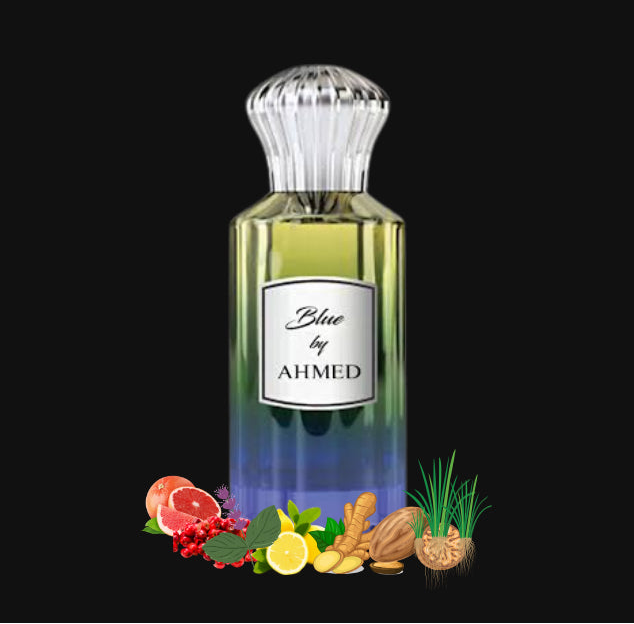 Ahmed Al Maghribi Blue by Ahmed Perfume bottle labeled 'Blue by Ahmed' with fragrance notes displayed below on a black background