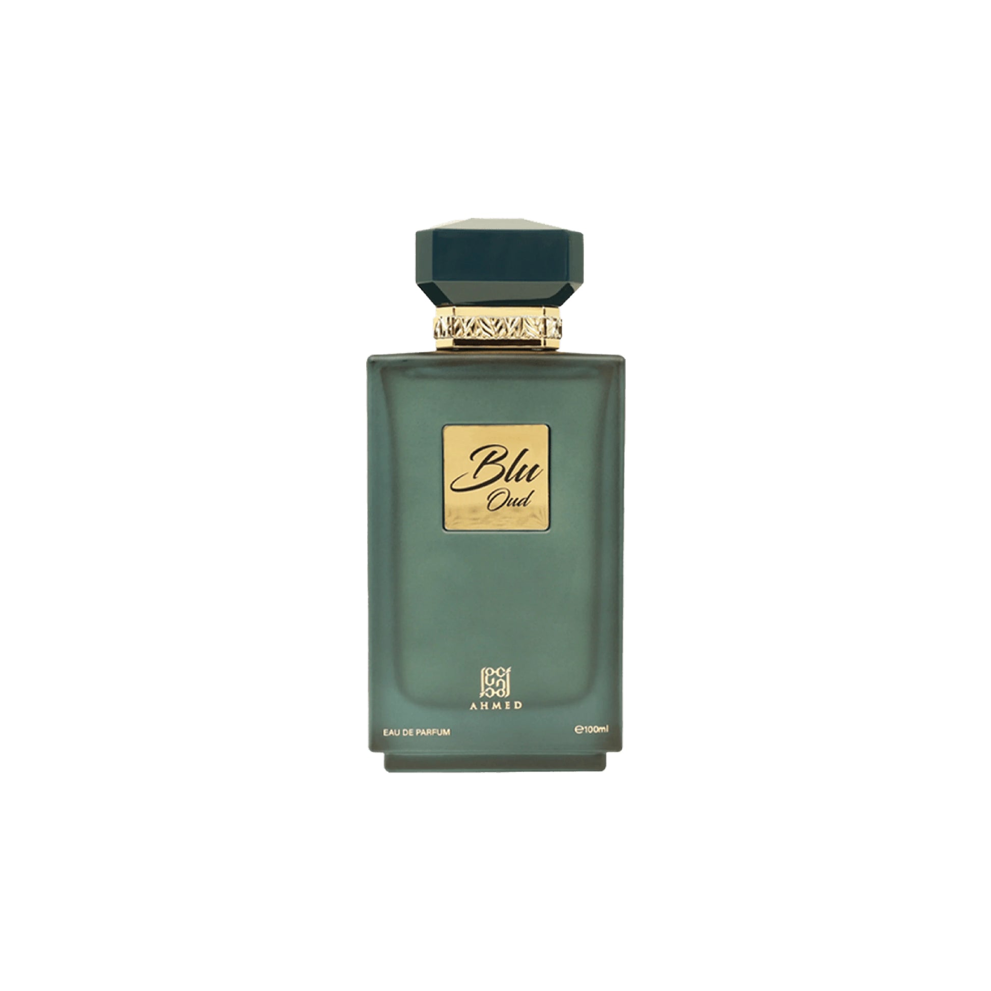 Green perfume bottle with gold label on a white background