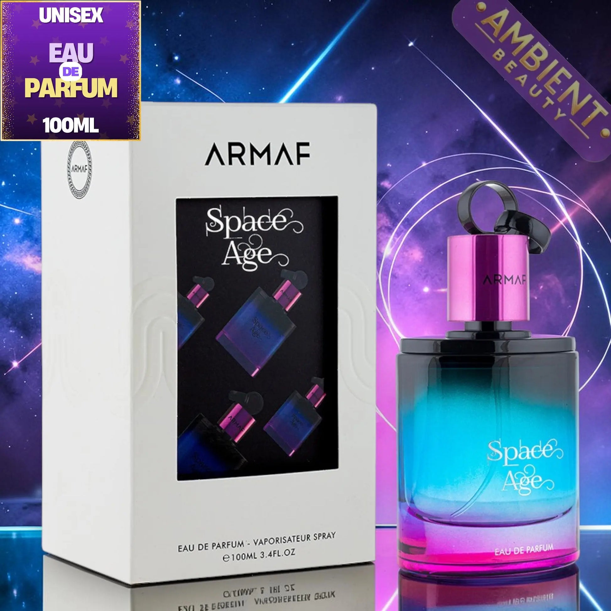 Armaf Space Age perfume bottle and packaging on a vibrant background