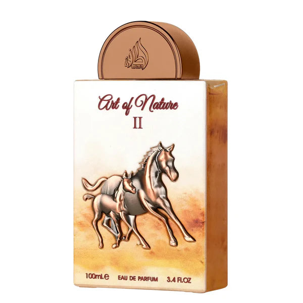 Lattafa Art of Nature 2 Perfume packaging with horse design and 'Art of Nature II' text on a white background