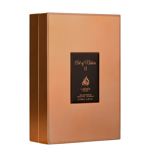 Lattafa Art of Nature 2 Copper-colored perfume box with a black label featuring 'Art of Nature' branding on a white background.