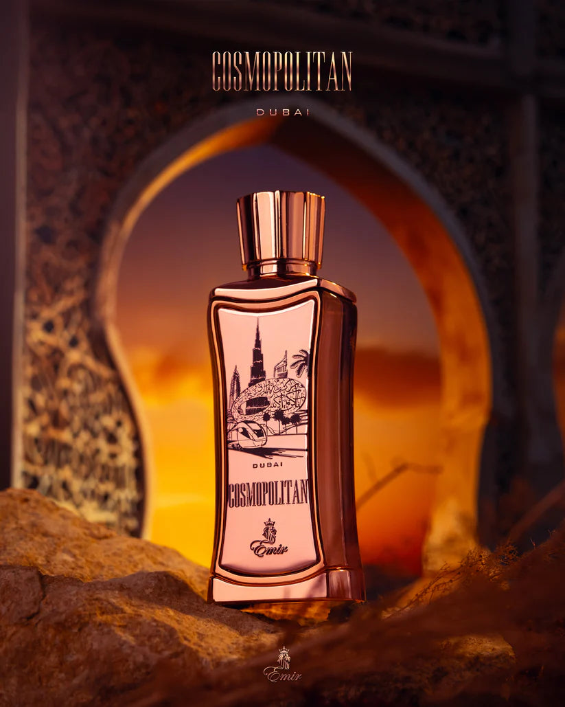 Emir Cosmopolitan Dubai perfume bottle with architectural background