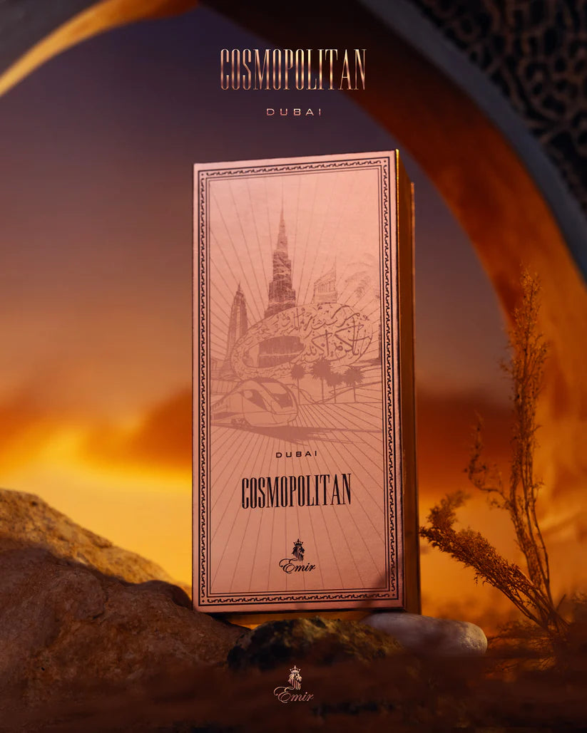 Emir Cosmopolitan Dubai packaging with desert landscape in the background