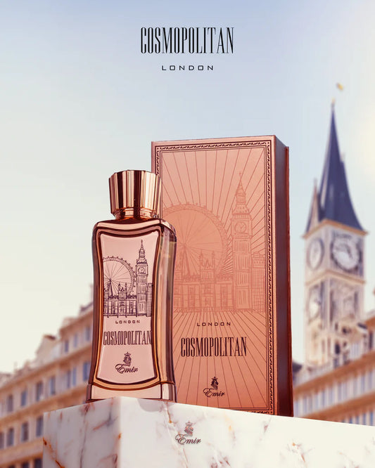 Cosmopolitan London perfume bottle and packaging with a blurred cityscape background
