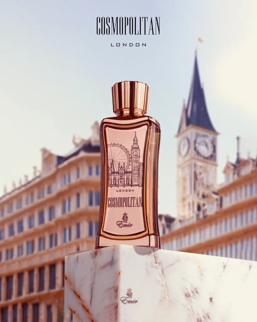 Cosmopolitan London perfume bottle with a cityscape background