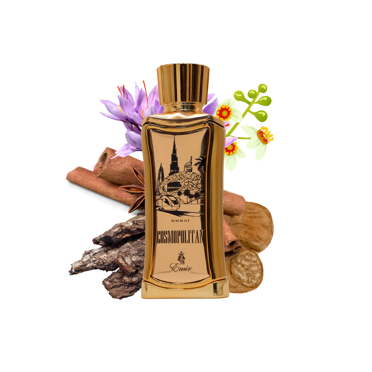 Emir Cosmopolitan Dubai Gold perfume bottle with decorative elements on a white background