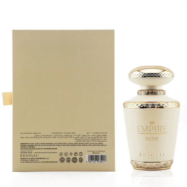 Perfume bottle and packaging with 'EMPIRE victor' branding on a white background