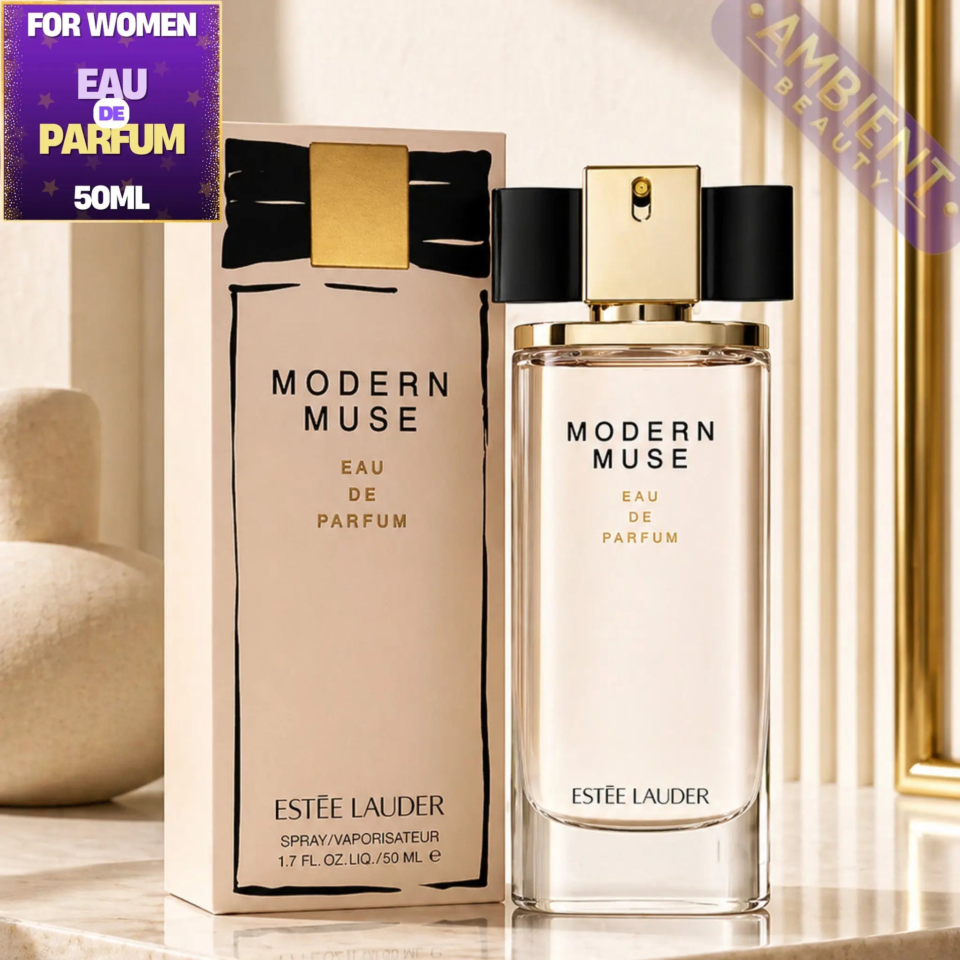 Estée Lauder Modern Muse Eau de Parfum bottle and packaging on a neutral background