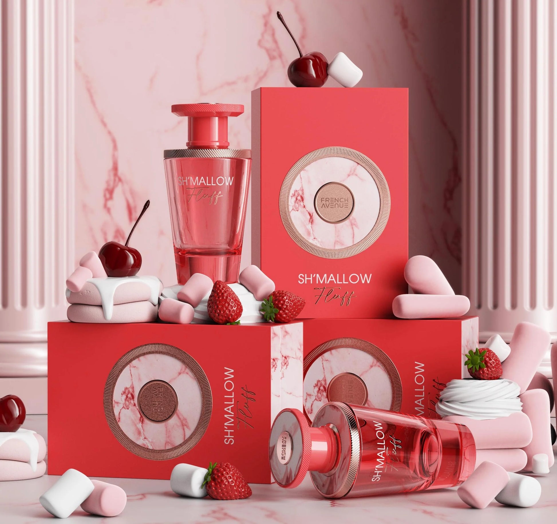 Shmallow skincare products with red bottles and pink packaging on a marble background