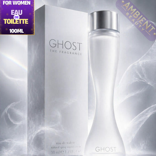 Ghost perfume bottle and packaging on a white background