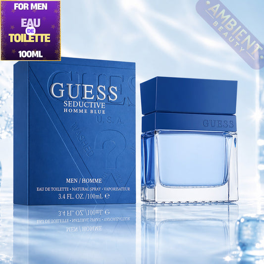 Blue Guess perfume bottle and packaging on a reflective surface