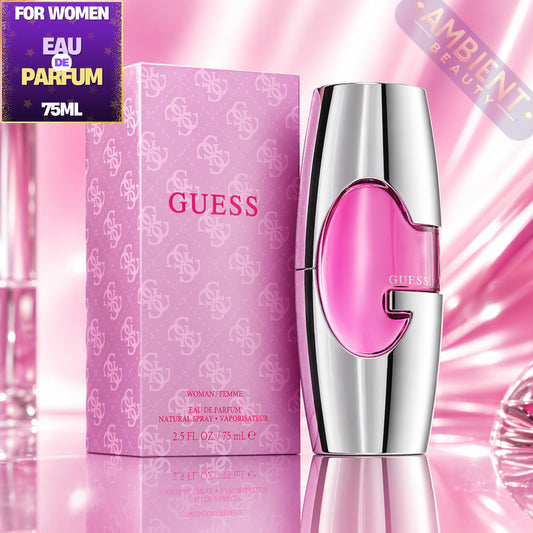 Guess perfume bottle and packaging on a pink background