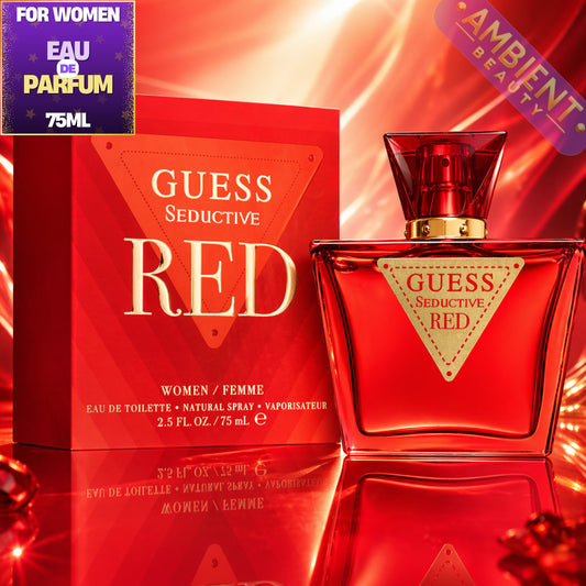 Guess Seductive Red perfume bottle and packaging on a reflective red surface with 'Ambient Beauty' label.