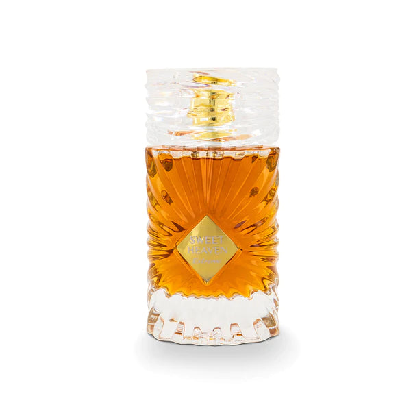 Sweet heaven extreme Perfume bottle with gold cap and label on a white background