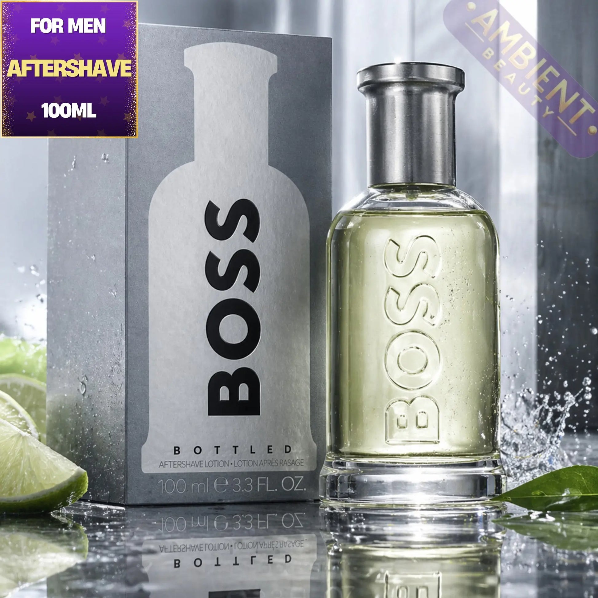 BOSS bottled aftershave with packaging and lime slices on a reflective surface