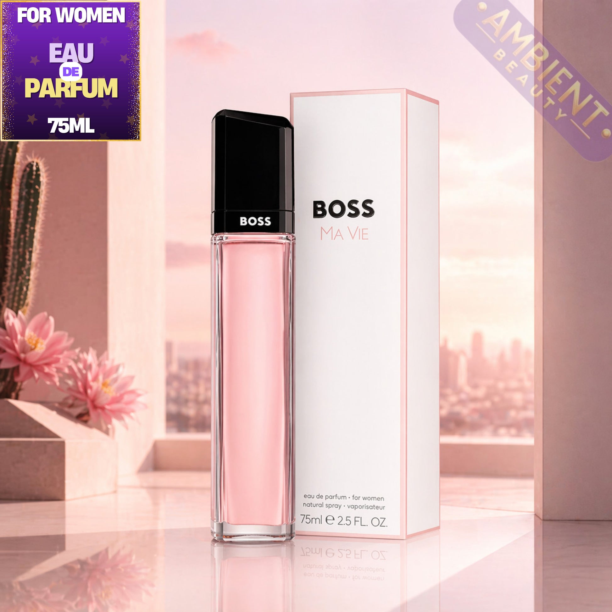 BOSS Ma Vie eau de parfum bottle and packaging on a blurred background with flowers and cactus.