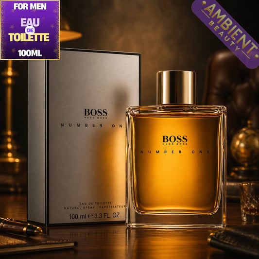 BOSS Number One perfume bottle and packaging on a wooden surface with 'Ambient Beauty' branding.