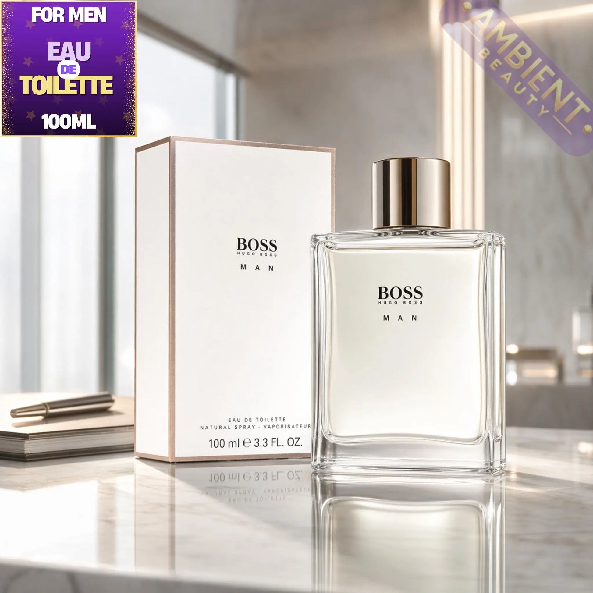 BOSS men's perfume bottle and packaging on a reflective surface with 'Ambient Beauty' branding.