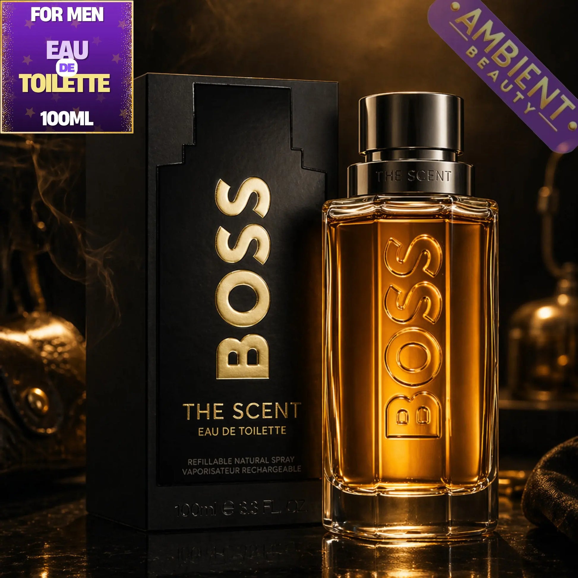 BOSS The Scent Eau de Toilette bottle and packaging on a dark background