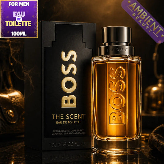 BOSS The Scent Eau de Toilette bottle and packaging on a dark background