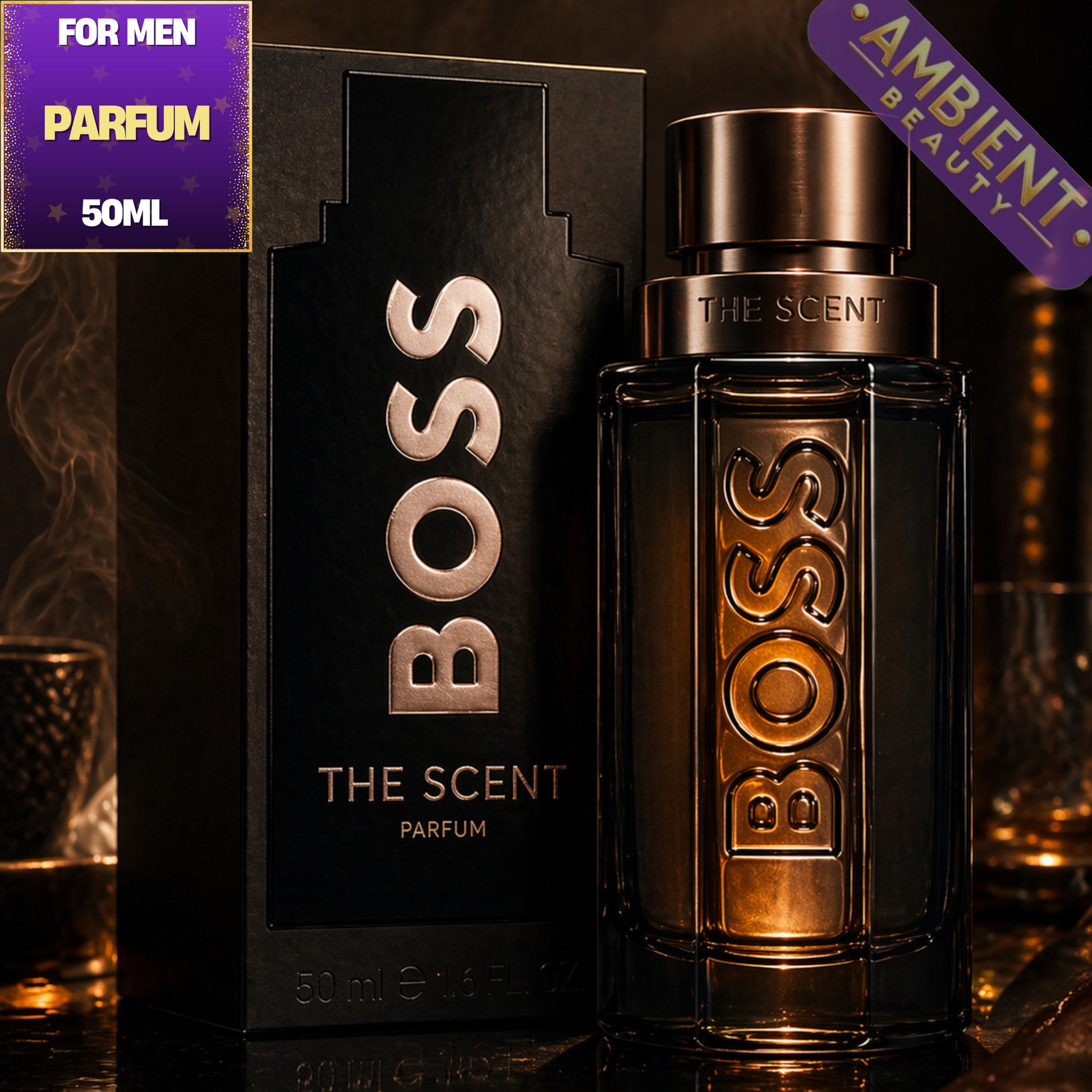 BOSS The Scent perfume bottle and packaging on a dark background