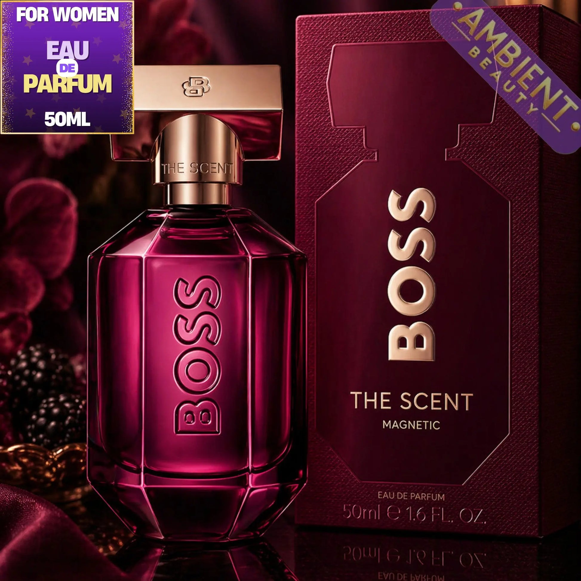 BOSS The Scent Magnetic perfume bottle and packaging on a dark background